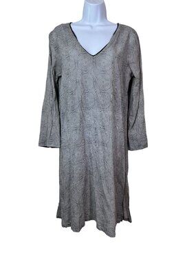Dolma Women Gray Long Sleeve V-Neck Midi Cotton Dress Geometric Medium lagenlook